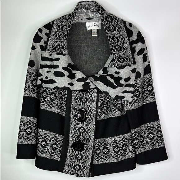 Joseph Ribkoff Grey Black Animal Print Large Button Sweater Size 12 - Picture 1 of 9